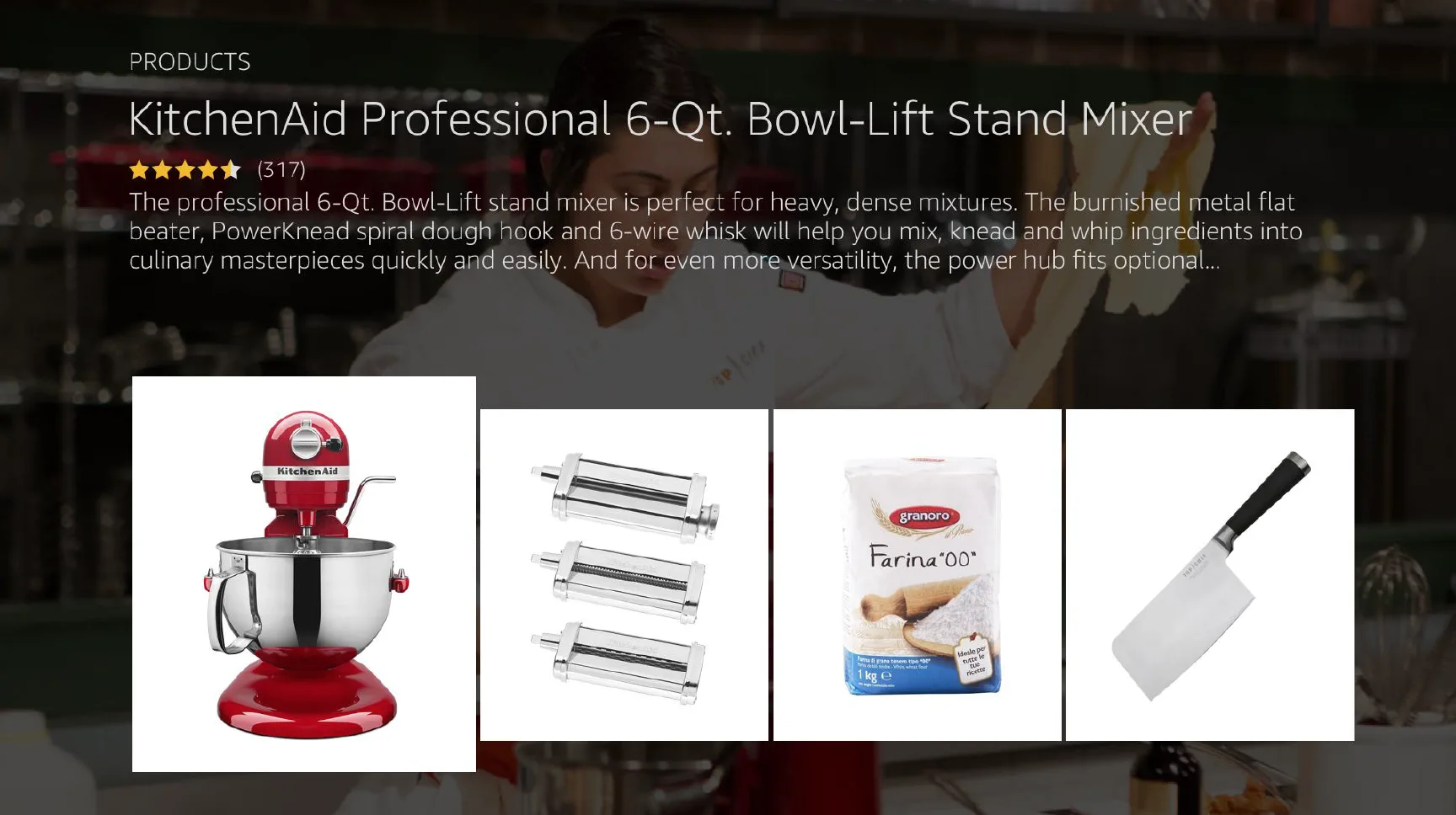 KitchenAid Professional stand mixer displayed with attachments.