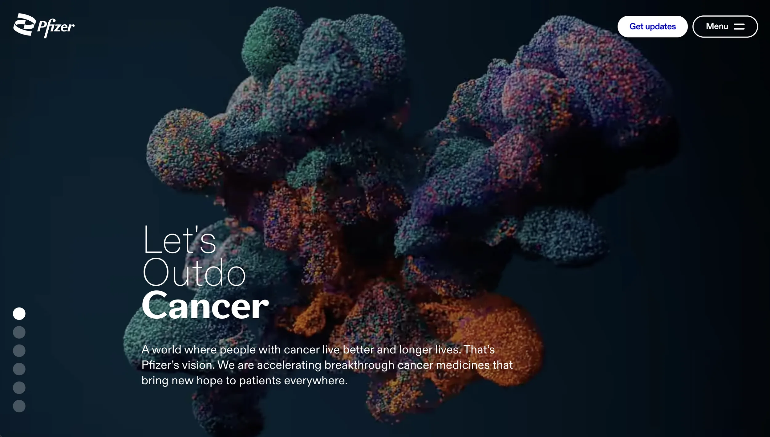 Abstract clusters of colorful 3D cells with Pfizer logo and text 'Let's Outdo Cancer.'