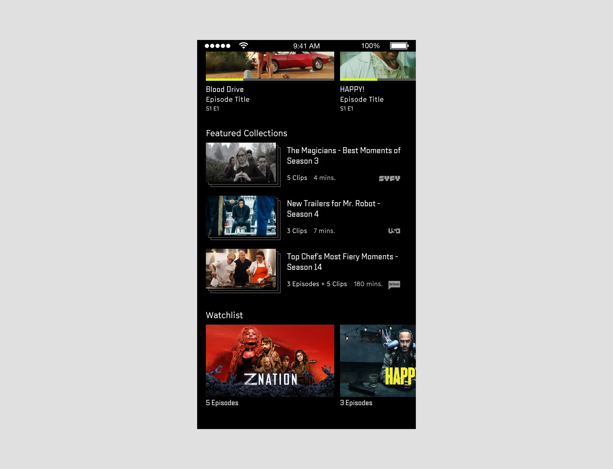 A list of collections placed below the 'Continue Watching' row of the home screen.