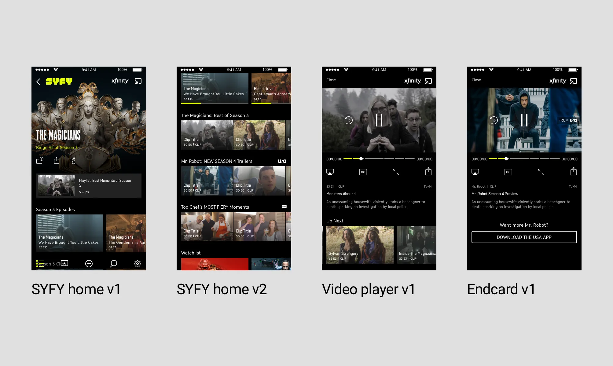 Four mobile app interface design variations.